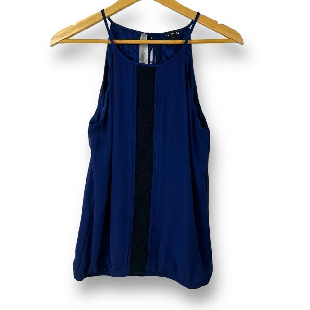 Express Women's Size M Royal Blue Halter Neck Tank Top Black Lace Inlay